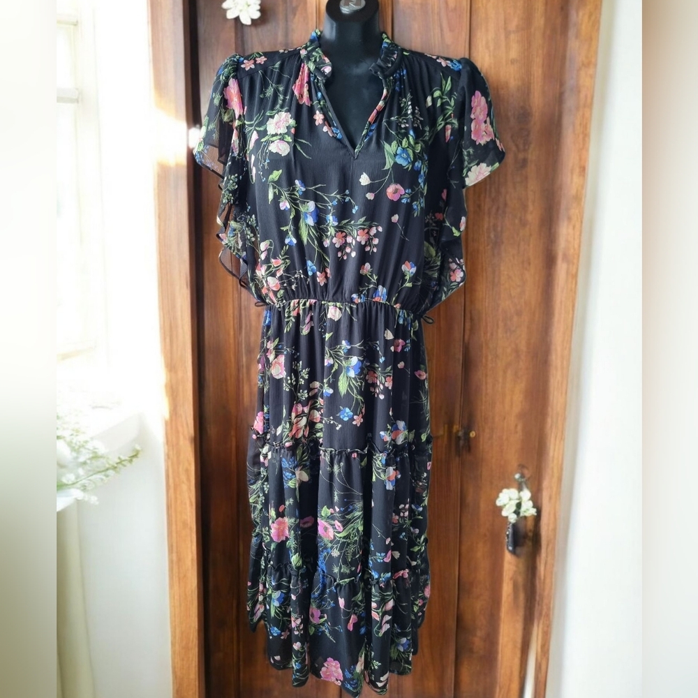 Tamara H. Floral V-Neck Boho Peasant Ruffled Sleeves Black Maxi Dress